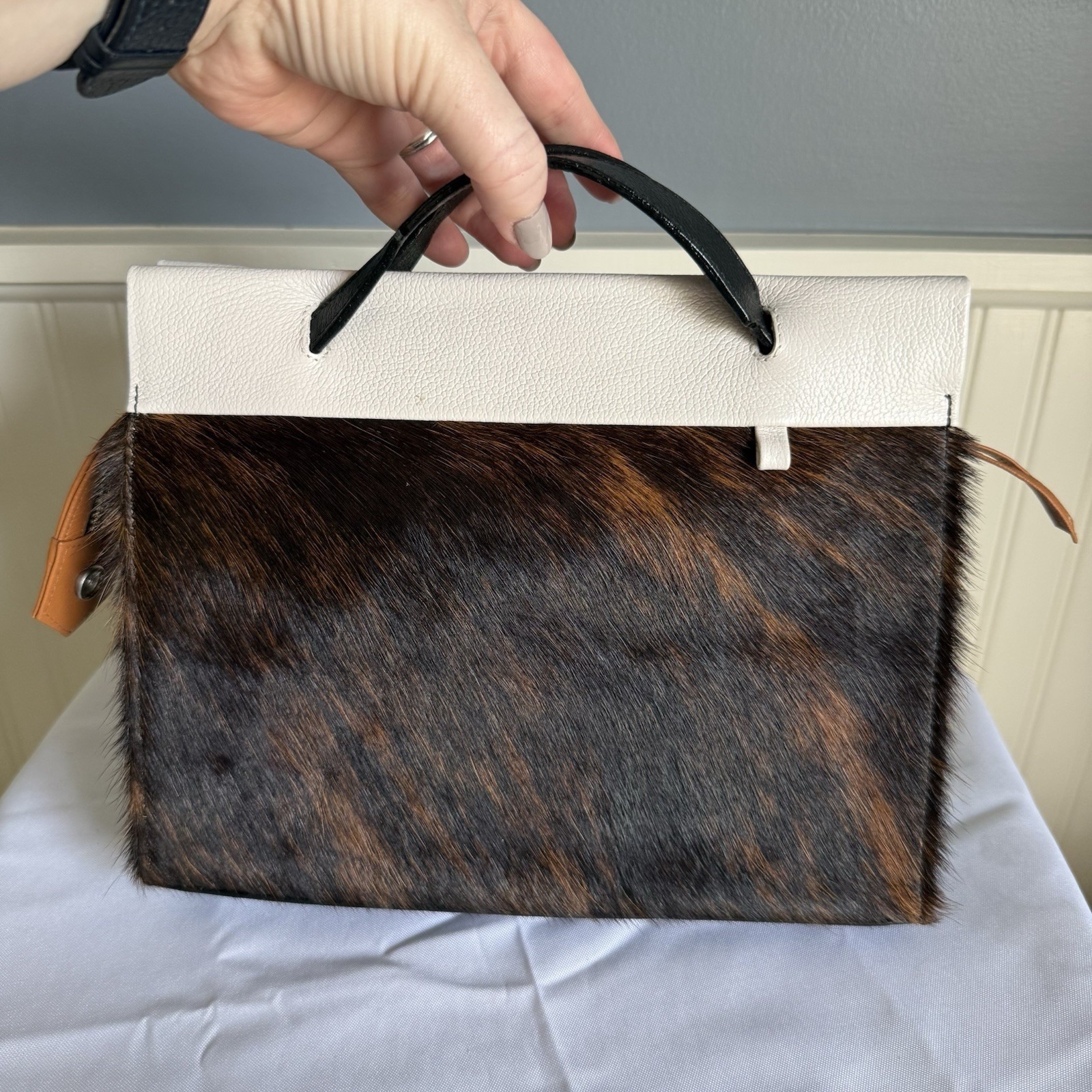 Min & Mon Vali Calf Hair Black Brown Leather Crossbody Should Top Handle Bag
